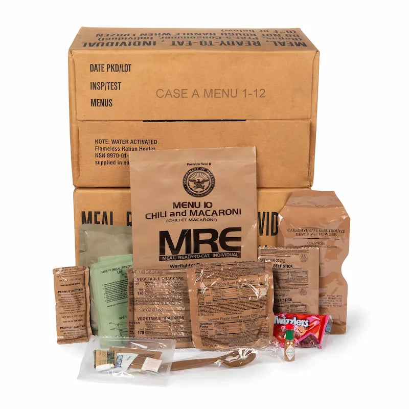 MRE (Meal, Ready to Eat) packaging with various components on a white background