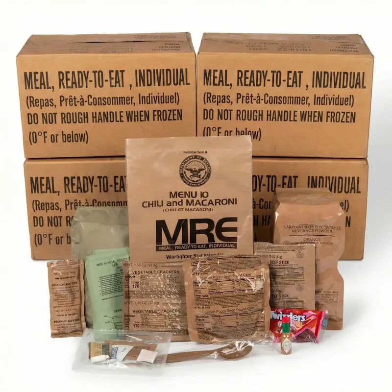 MRE (Meal, Ready-to-Eat) packaging with various components on a white background
