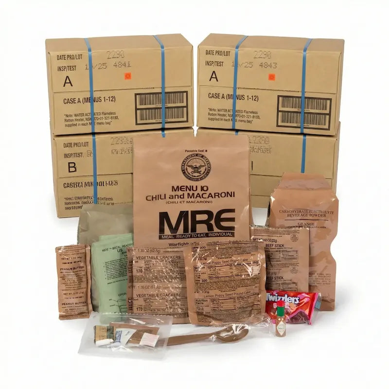 MRE (Meal Ready to Eat) packaging with boxes and food packets on a white background