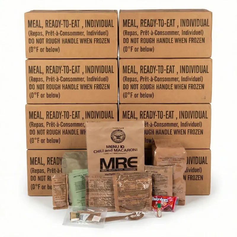 Stack of MRE (Meal, Ready-to-Eat) boxes and packages on a white background