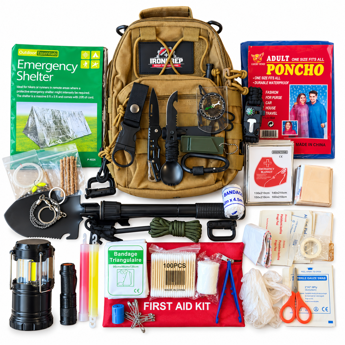Ultimate survival kit with emergency shelter, poncho, first aid supplies, tools, lantern, flashlight, and survival bag