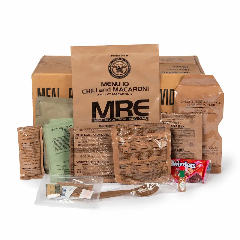 MRE (Meal, Ready-to-Eat) packaging with various components on a white background